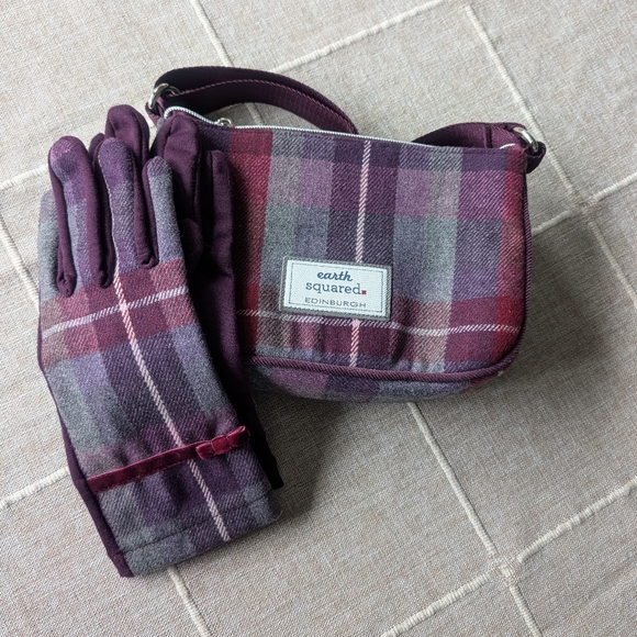 Earth Squared Handbags - Earth Squared Plaid Crossbody Bag w/ Matching Gloves - Purple and Gray